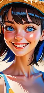 Anime girl in sun hat with blue eyes, smiling brightly.
