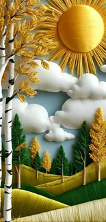 Sunny autumn landscape with artistic trees and bright sun.