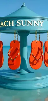 Orange flip-flops on a sunny beach display.