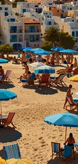Vibrant beach with colorful umbrellas and people sunbathing.