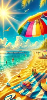 Vibrant sunny beach with colorful umbrella and ocean waves.