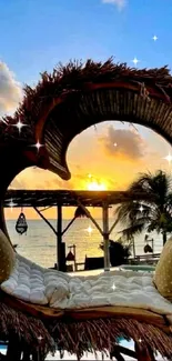 Beach sunset view with rustic hammock lounge.