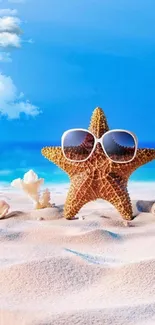 Starfish with sunglasses on a sunny beach.