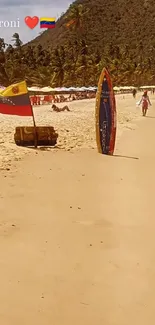 Sunny beach with Venezuelan flag, surfboard, and palm trees.