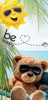 Cheerful wallpaper with sun, teddy bear, and ocean.