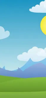 Cheerful cartoon landscape with sun and mountains.