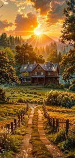 A countryside house basking in a beautiful sunset with lush surroundings.