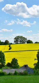 Serene countryside landscape with green fields and a sunny sky.
