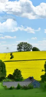 Vibrant yellow landscape with house and sky.