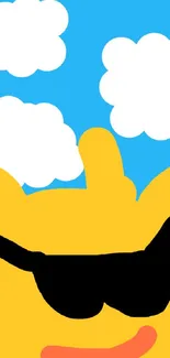 Vibrant cartoon sun with sunglasses in a blue sky and clouds background.