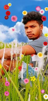 Person relaxing on green grass under a sunny blue sky.