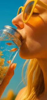 Woman drinking from a can with a creative aquatic scene under the sun.