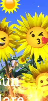 Sunflower field with emojis under a sunny blue sky.