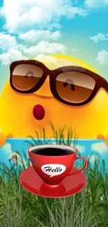 Cheerful emoji with sunglasses and red coffee cup on a bright sunny day.