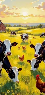 Sunny farm landscape with cows and chickens.