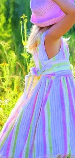 Girl in bright dress enjoying sunny outdoors.