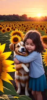 Child hugs dog in sunflower field at sunset, capturing joy and serenity.