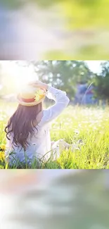 A relaxed woman in a sunlit meadow surrounded by vibrant greenery.