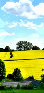 Sunny field with blue sky and trees under clouds.