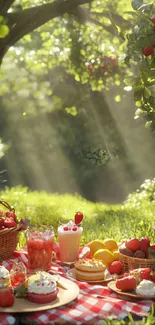 Sunny picnic with fruits and greenery under a tree.