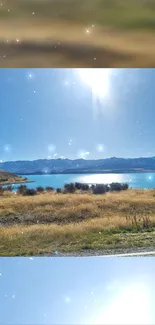 Serene lakeside view under a bright sun with clear skies.