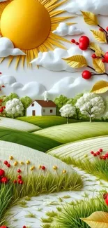 Sunny landscape art with fields and sunshine.