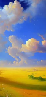 Sunny landscape with blue sky and fluffy clouds wallpaper.