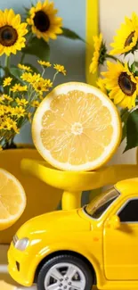 Sunny yellow scene with lemons, sunflowers, and a toy car.