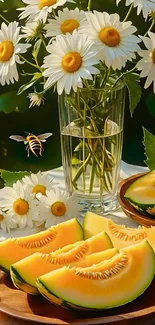Slices of melons and daisies in a sunlit scene with a bee hovering.
