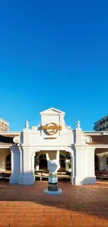 Sunny resort entrance with palm trees under a clear blue sky.