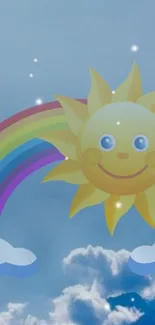 Smiling sun and rainbow over fluffy clouds wallpaper.