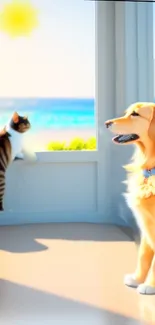 Golden retriever and cat by a sunny beach window.