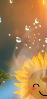 Smiling sunflower with raindrops in cartoon style wallpaper.