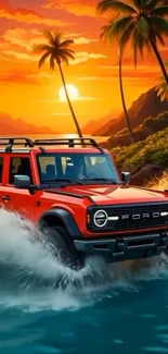 Orange SUV driving through water with palm trees at sunset.