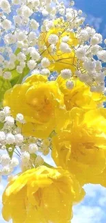 Yellow flowers and blue sky wallpaper, vibrant and sunny.