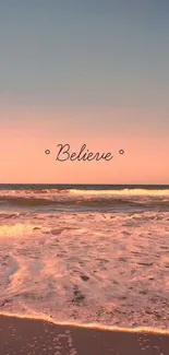 Inspirational beach sunrise wallpaper with 'Believe' text.