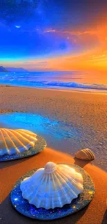 Vibrant beach sunrise with seashells on sandy shore, showcasing orange hues.