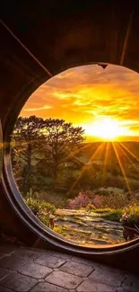 Scenic sunrise through a hobbit-style door with vibrant golden hues.