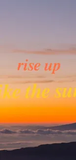 Motivational sunrise over mountains wallpaper with inspiring text.