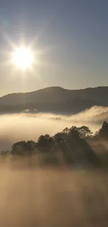 Sunrise over misty mountains with sunlight streaming through.