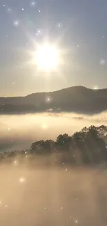 Sunrise illuminating misty mountains with soft morning light.