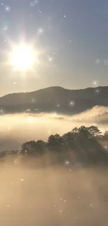 Sunrise casting light over misty mountains with a serene atmosphere.