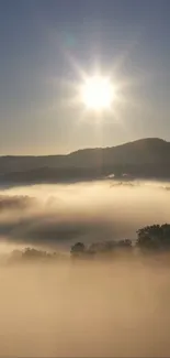 Breathtaking sunrise over misty mountains with a serene ambiance.