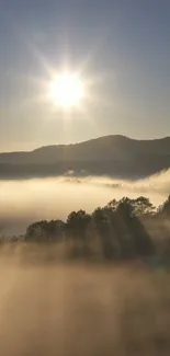 Sunrise over misty mountains with sunlight streaming through fog.