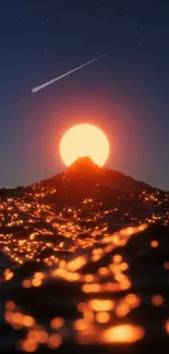 Sunrise behind mountain over ocean with glowing waves.