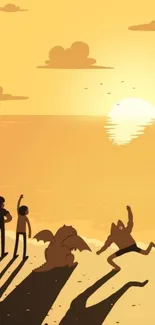 Silhouette art of characters at sunset on beach.