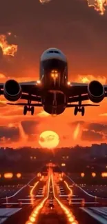 Airplane taking off at sunset with colorful sky.