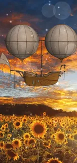 Whimsical airship over sunflower field at vibrant sunset.