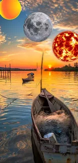 Surreal sunset with celestial bodies over a tranquil boat on water.