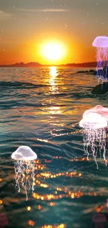 Jellyfish floating at sunset over ocean waves in colorful landscape.